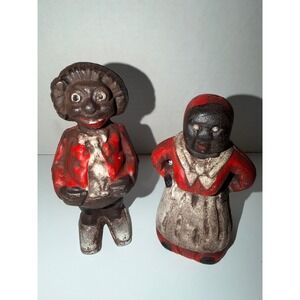 Vintage Cast Iron Still Bank Set Man and Woman Red White Black Folk Art Figures